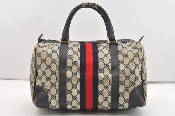 Authentic GUCCI Sherry Line Hand Boston Bag GG PVC Leather Navy Blue 2675J