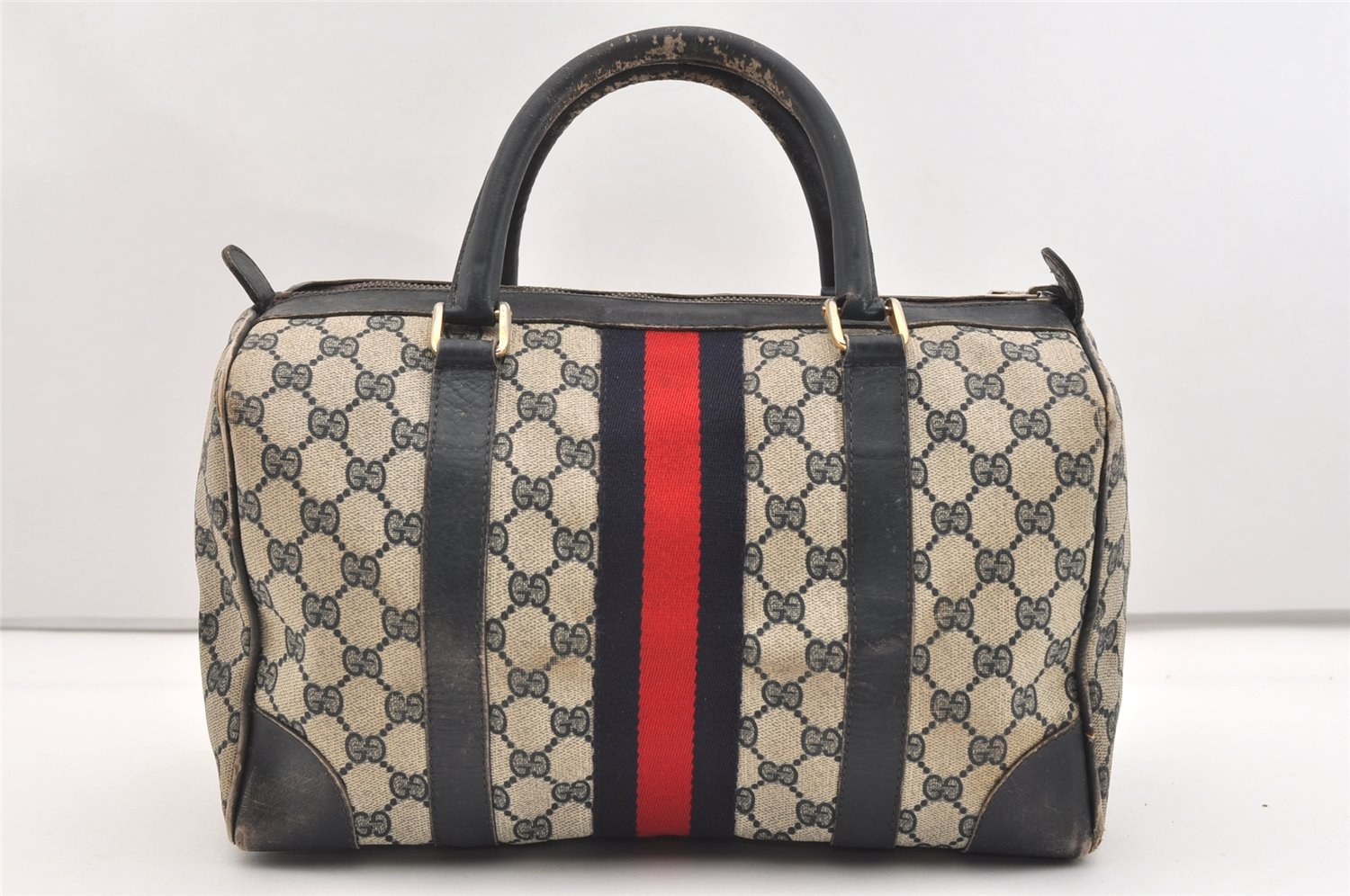 Authentic GUCCI Sherry Line Hand Boston Bag GG PVC Leather Navy Blue 2675J