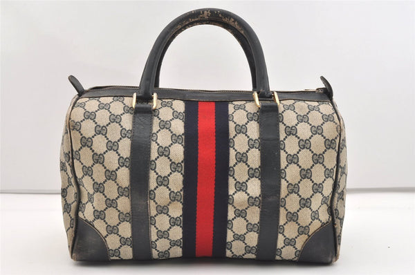 Authentic GUCCI Sherry Line Hand Boston Bag GG PVC Leather Navy Blue 2675J