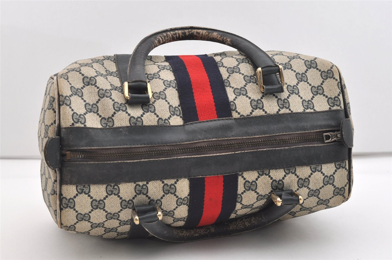 Authentic GUCCI Sherry Line Hand Boston Bag GG PVC Leather Navy Blue 2675J