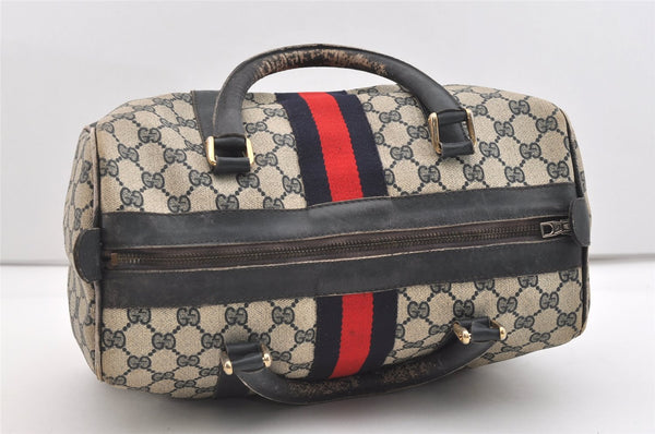 Authentic GUCCI Sherry Line Hand Boston Bag GG PVC Leather Navy Blue 2675J