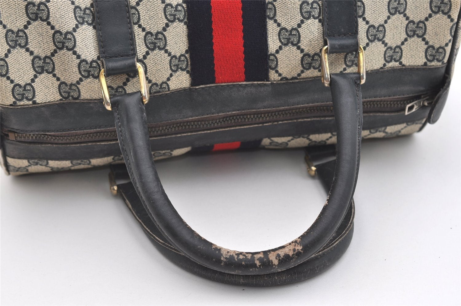 Authentic GUCCI Sherry Line Hand Boston Bag GG PVC Leather Navy Blue 2675J