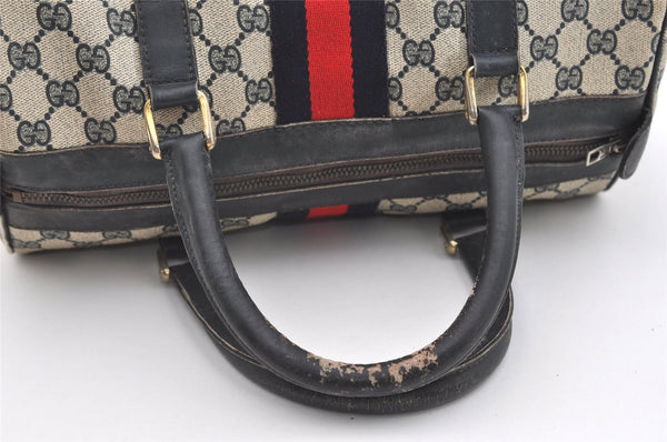 Authentic GUCCI Sherry Line Hand Boston Bag GG PVC Leather Navy Blue 2675J