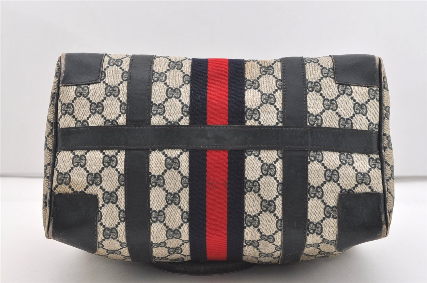 Authentic GUCCI Sherry Line Hand Boston Bag GG PVC Leather Navy Blue 2675J