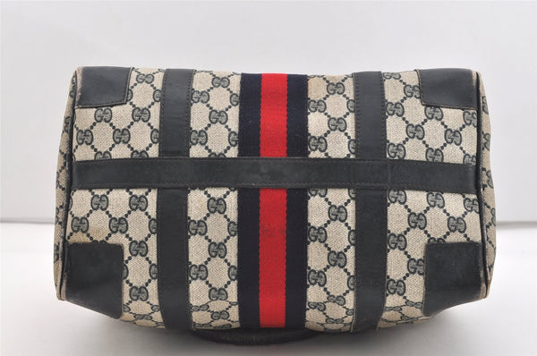 Authentic GUCCI Sherry Line Hand Boston Bag GG PVC Leather Navy Blue 2675J