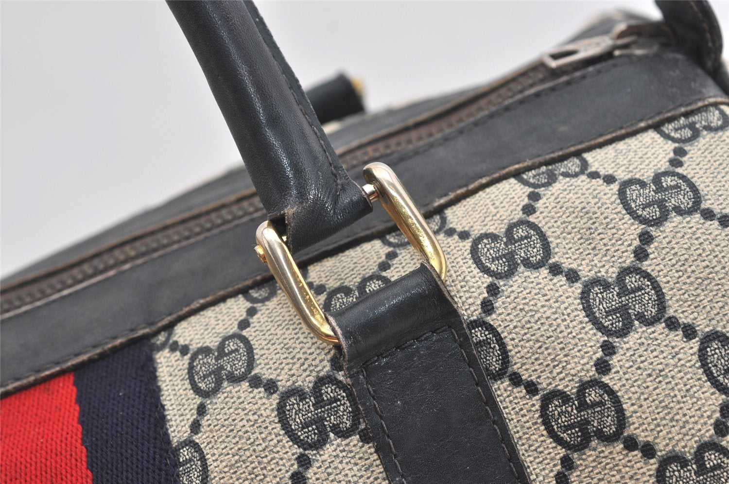 Authentic GUCCI Sherry Line Hand Boston Bag GG PVC Leather Navy Blue 2675J