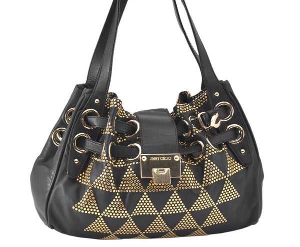 Authentic JIMMY CHOO Studs Leather Shoulder Tote Bag Black 2688K
