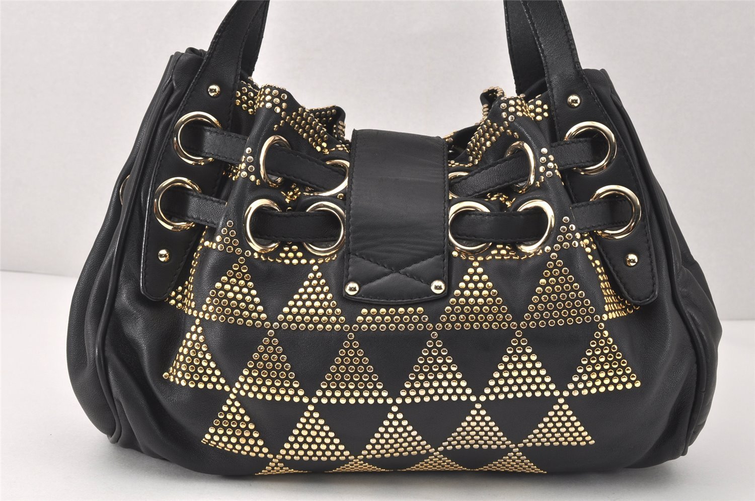 Authentic JIMMY CHOO Studs Leather Shoulder Tote Bag Black 2688K