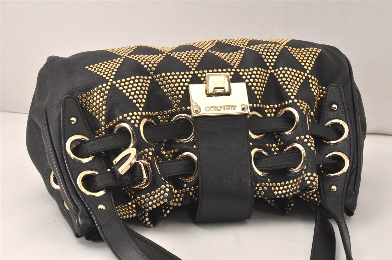 Authentic JIMMY CHOO Studs Leather Shoulder Tote Bag Black 2688K