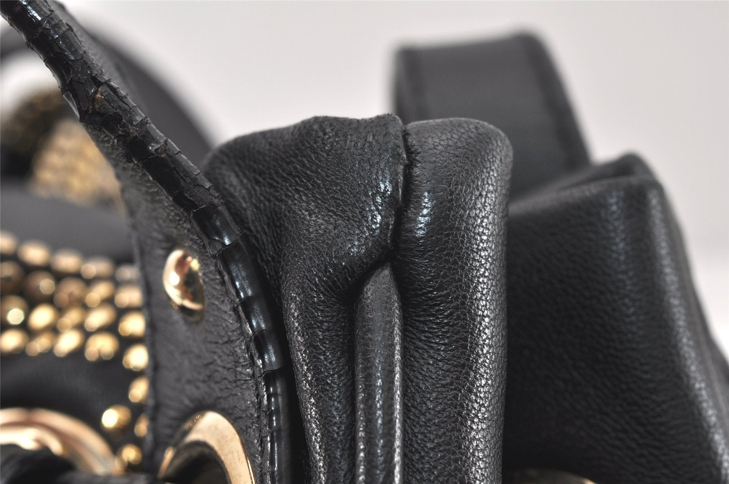 Authentic JIMMY CHOO Studs Leather Shoulder Tote Bag Black 2688K