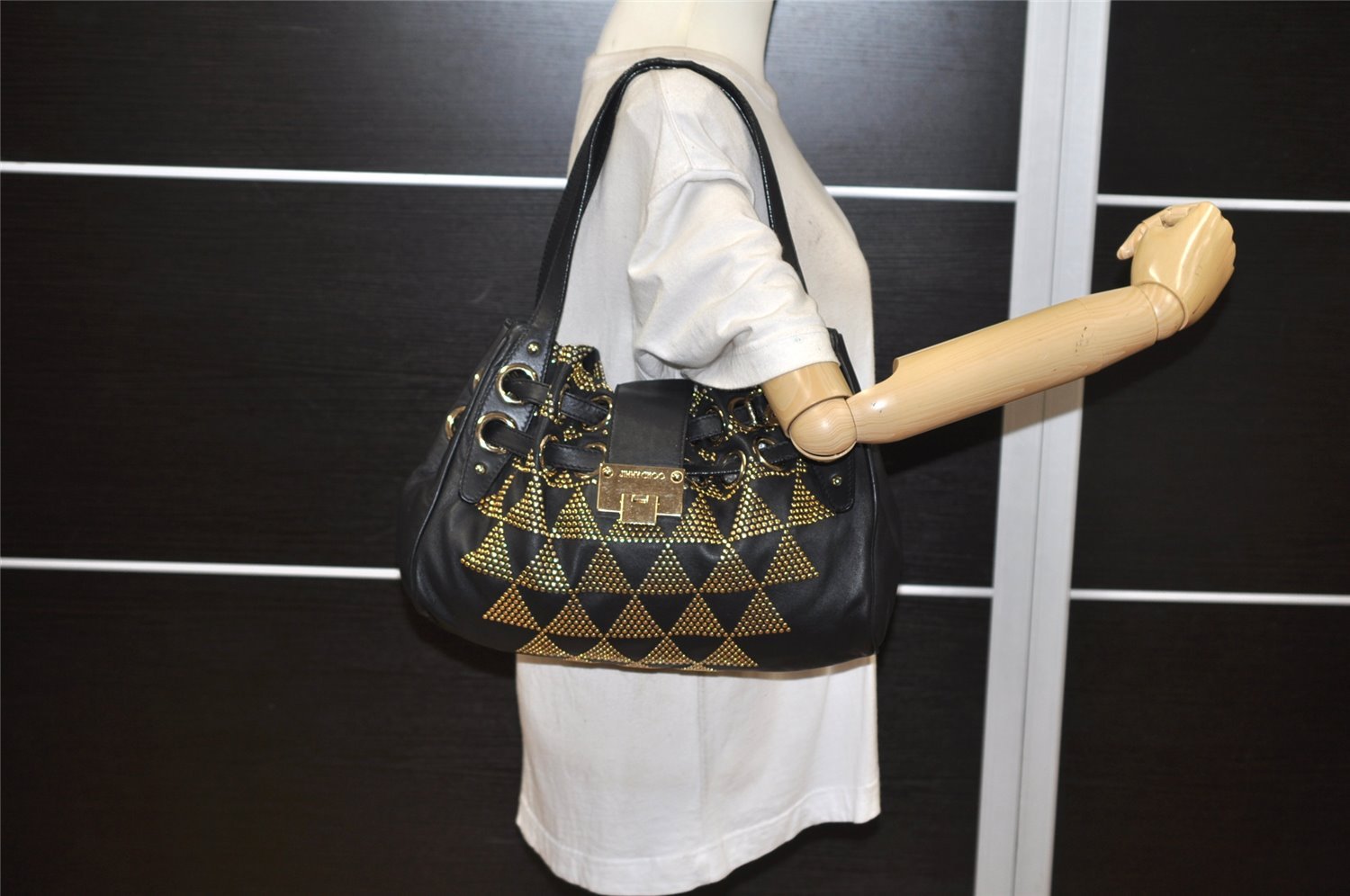 Authentic JIMMY CHOO Studs Leather Shoulder Tote Bag Black 2688K