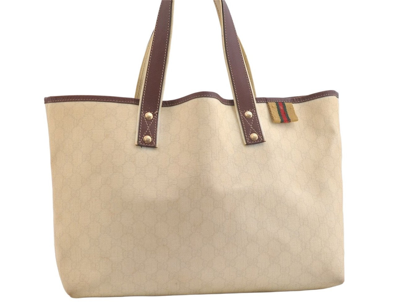 Authentic GUCCI Web Sherry Line Tote Bag GG PVC Leather 211134 Cream White 2692K