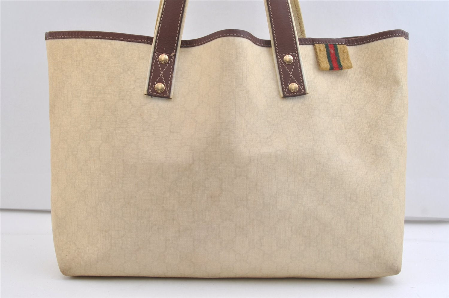 Authentic GUCCI Web Sherry Line Tote Bag GG PVC Leather 211134 Cream White 2692K