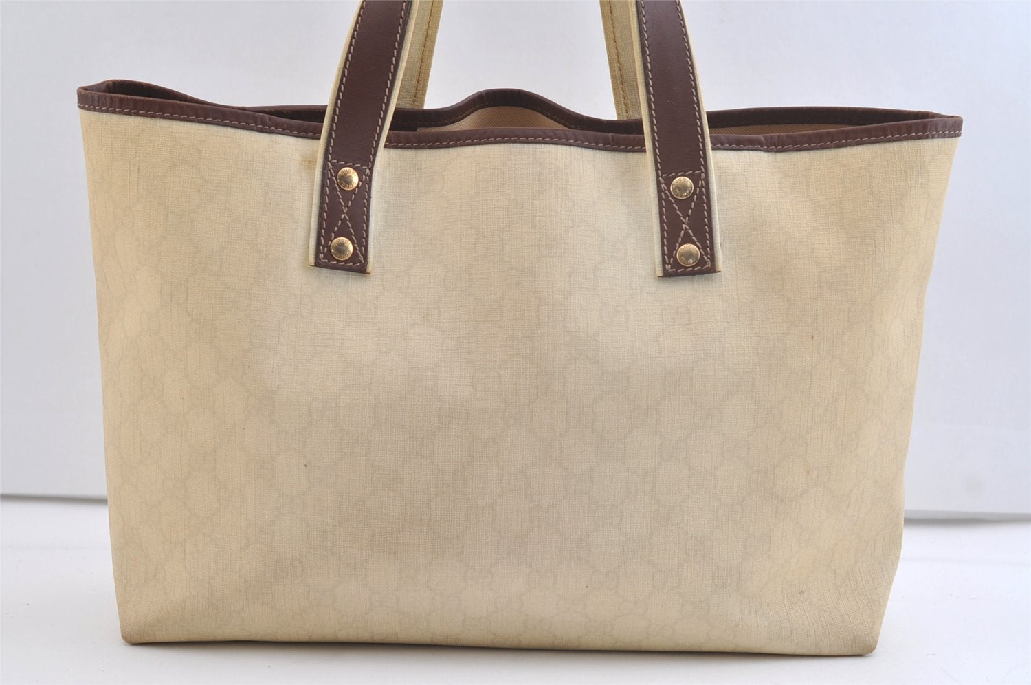 Authentic GUCCI Web Sherry Line Tote Bag GG PVC Leather 211134 Cream White 2692K