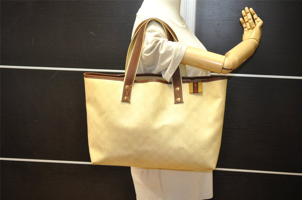 Authentic GUCCI Web Sherry Line Tote Bag GG PVC Leather 211134 Cream White 2692K