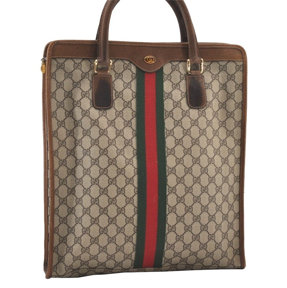 Authentic GUCCI Web Sherry Line Shoulder Tote Bag GG PVC Leather Brown 2693J