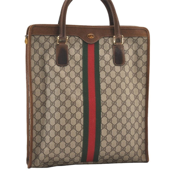 Authentic GUCCI Web Sherry Line Shoulder Tote Bag GG PVC Leather Brown 2693J