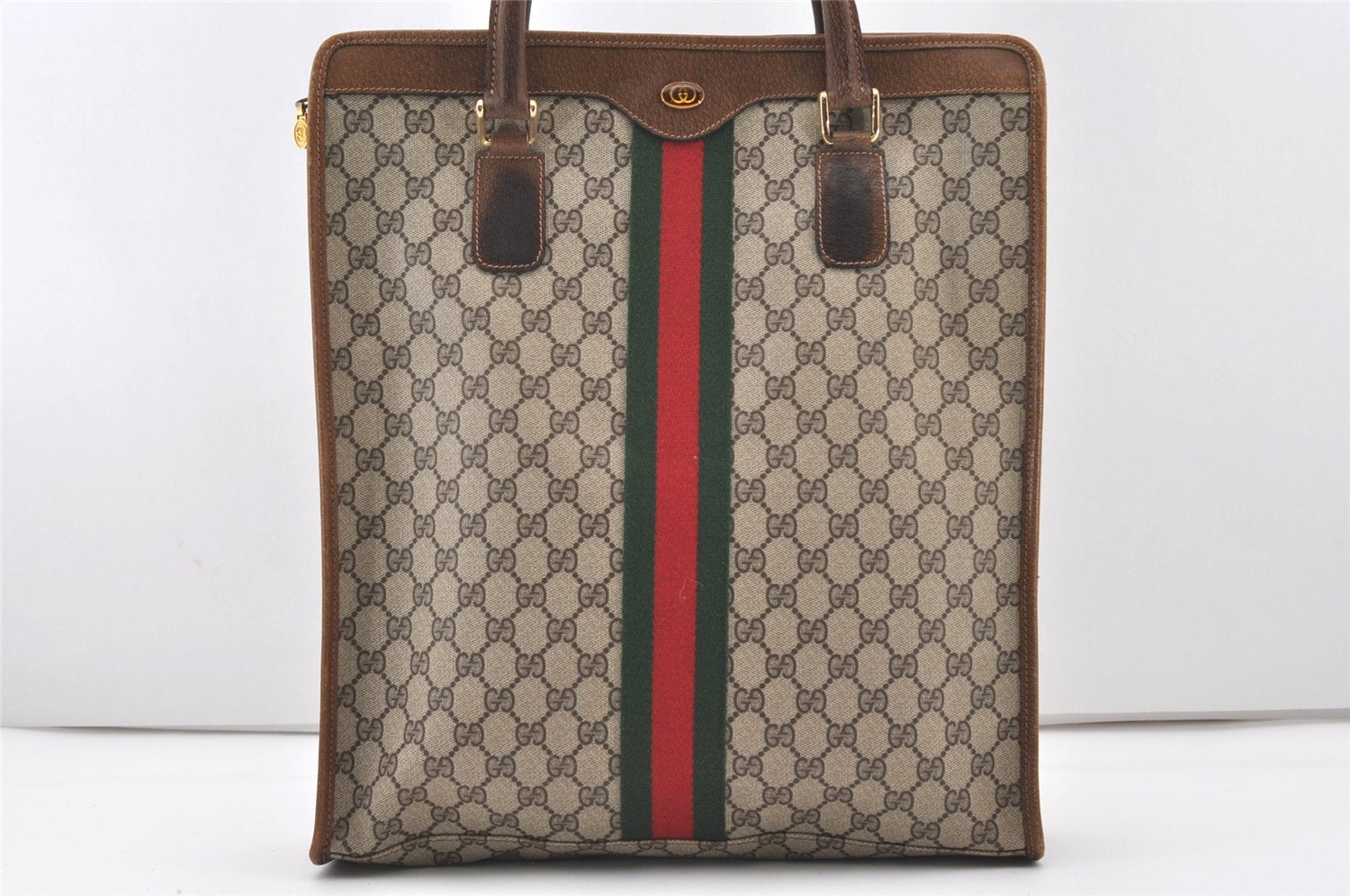 Authentic GUCCI Web Sherry Line Shoulder Tote Bag GG PVC Leather Brown 2693J