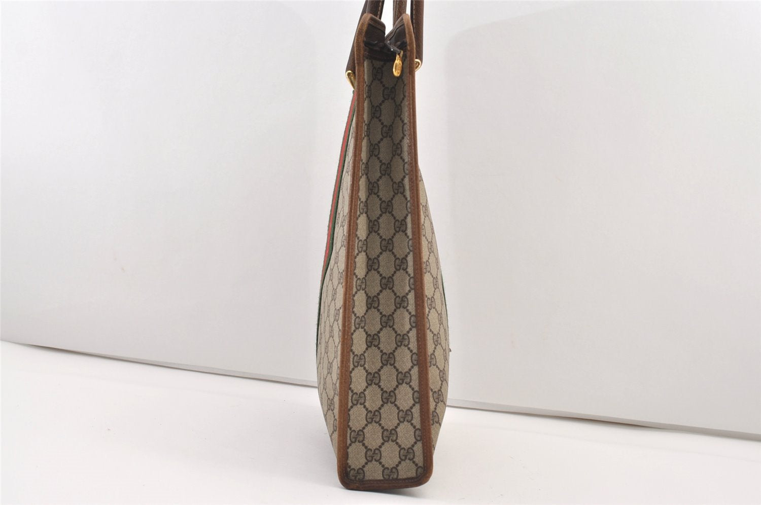 Authentic GUCCI Web Sherry Line Shoulder Tote Bag GG PVC Leather Brown 2693J