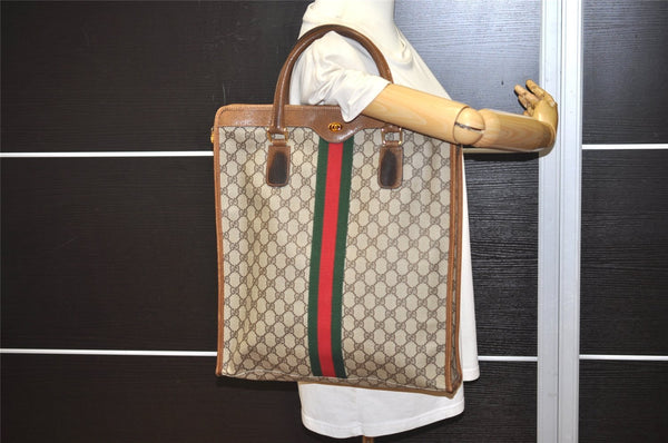 Authentic GUCCI Web Sherry Line Shoulder Tote Bag GG PVC Leather Brown 2693J