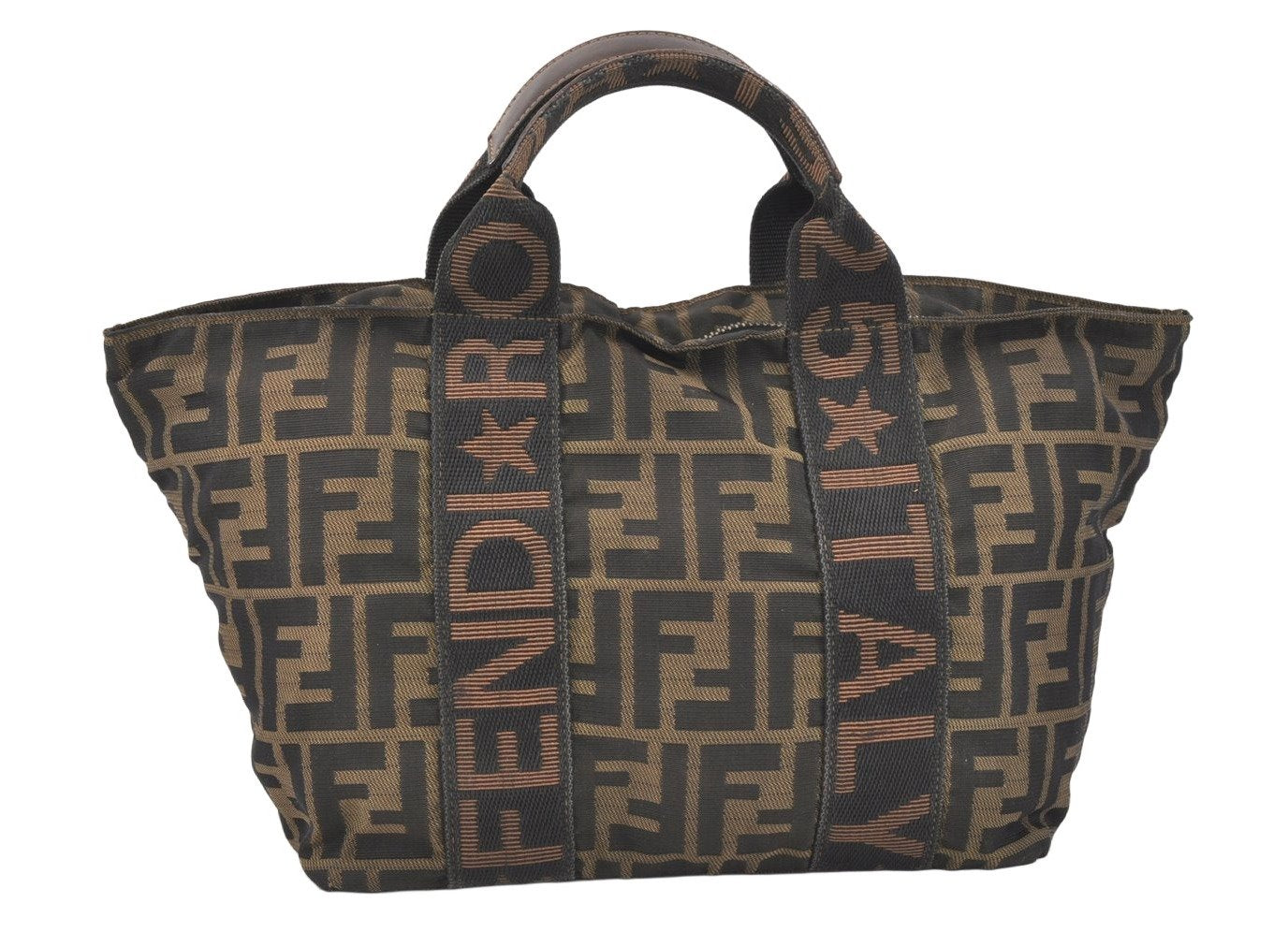 Authentic FENDI Vintage Zucca Tote Hand Bag Purse Nylon Leather Brown 2698K