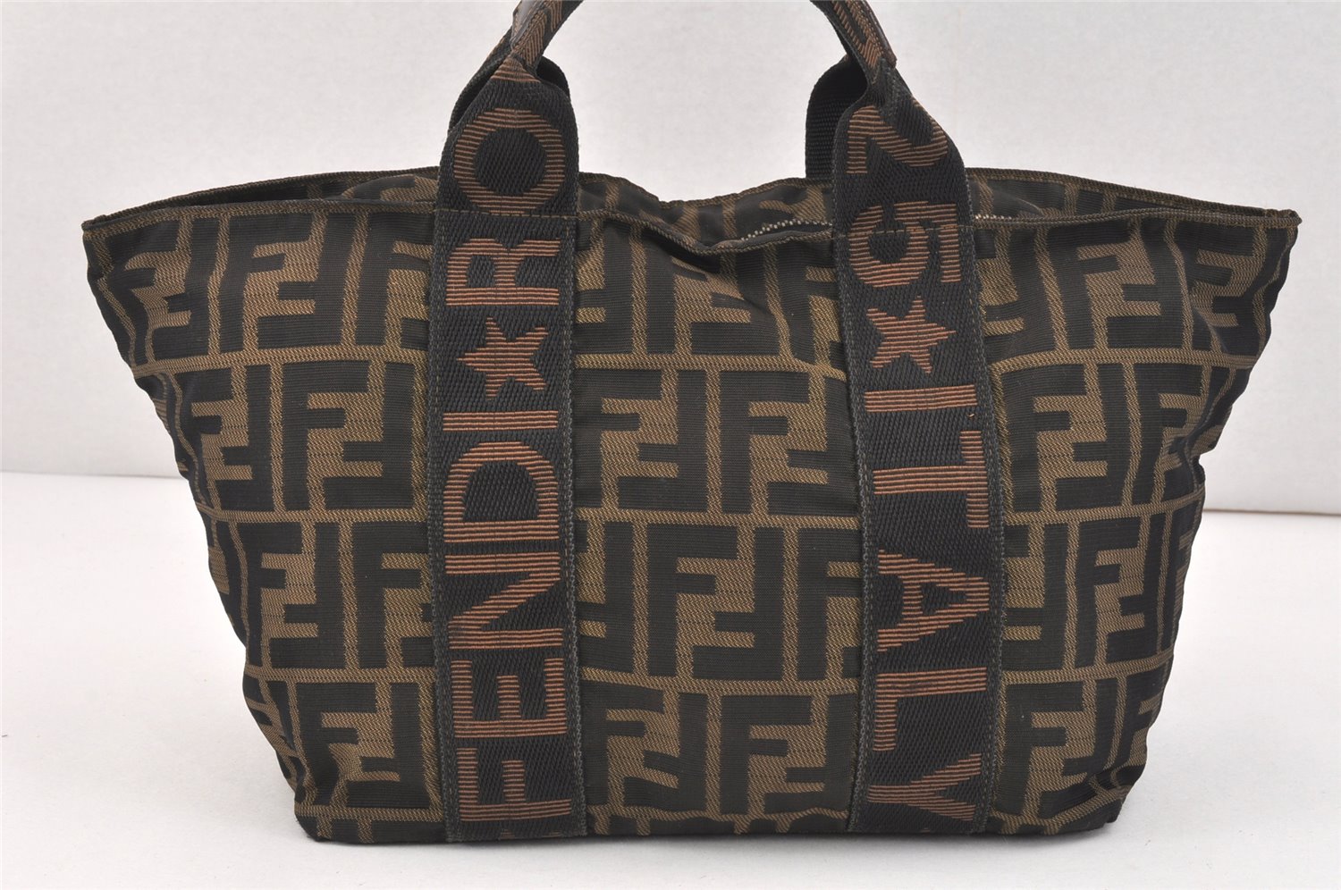 Authentic FENDI Vintage Zucca Tote Hand Bag Purse Nylon Leather Brown 2698K