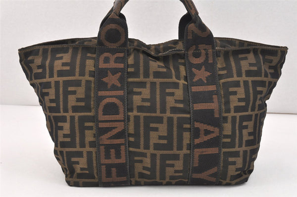 Authentic FENDI Vintage Zucca Tote Hand Bag Purse Nylon Leather Brown 2698K