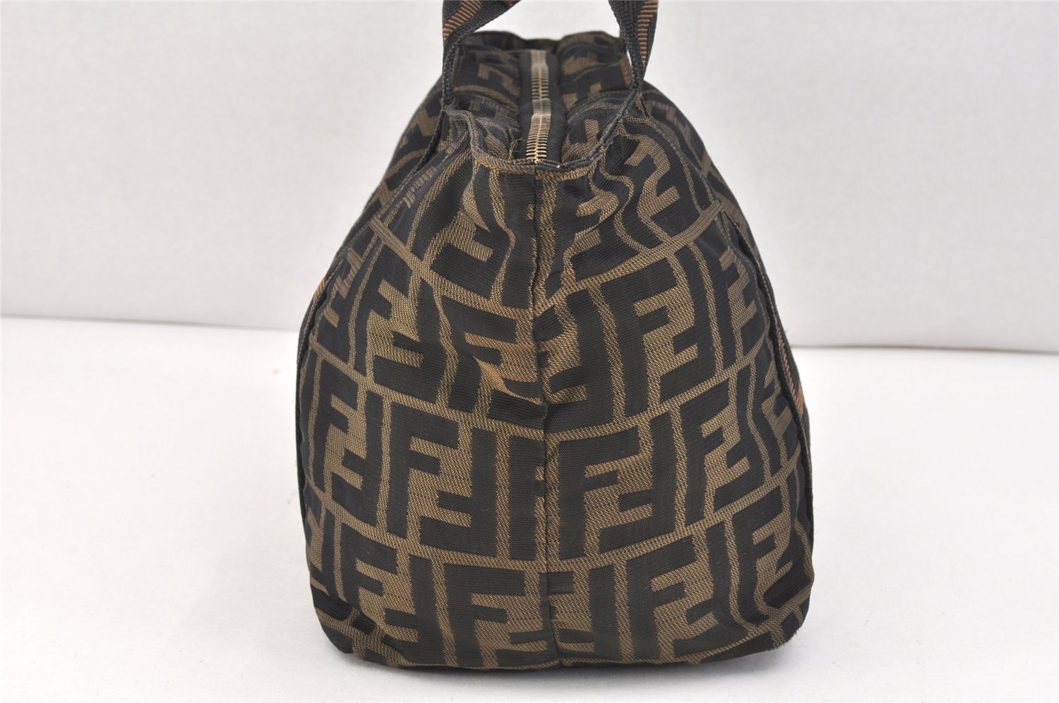 Authentic FENDI Vintage Zucca Tote Hand Bag Purse Nylon Leather Brown 2698K