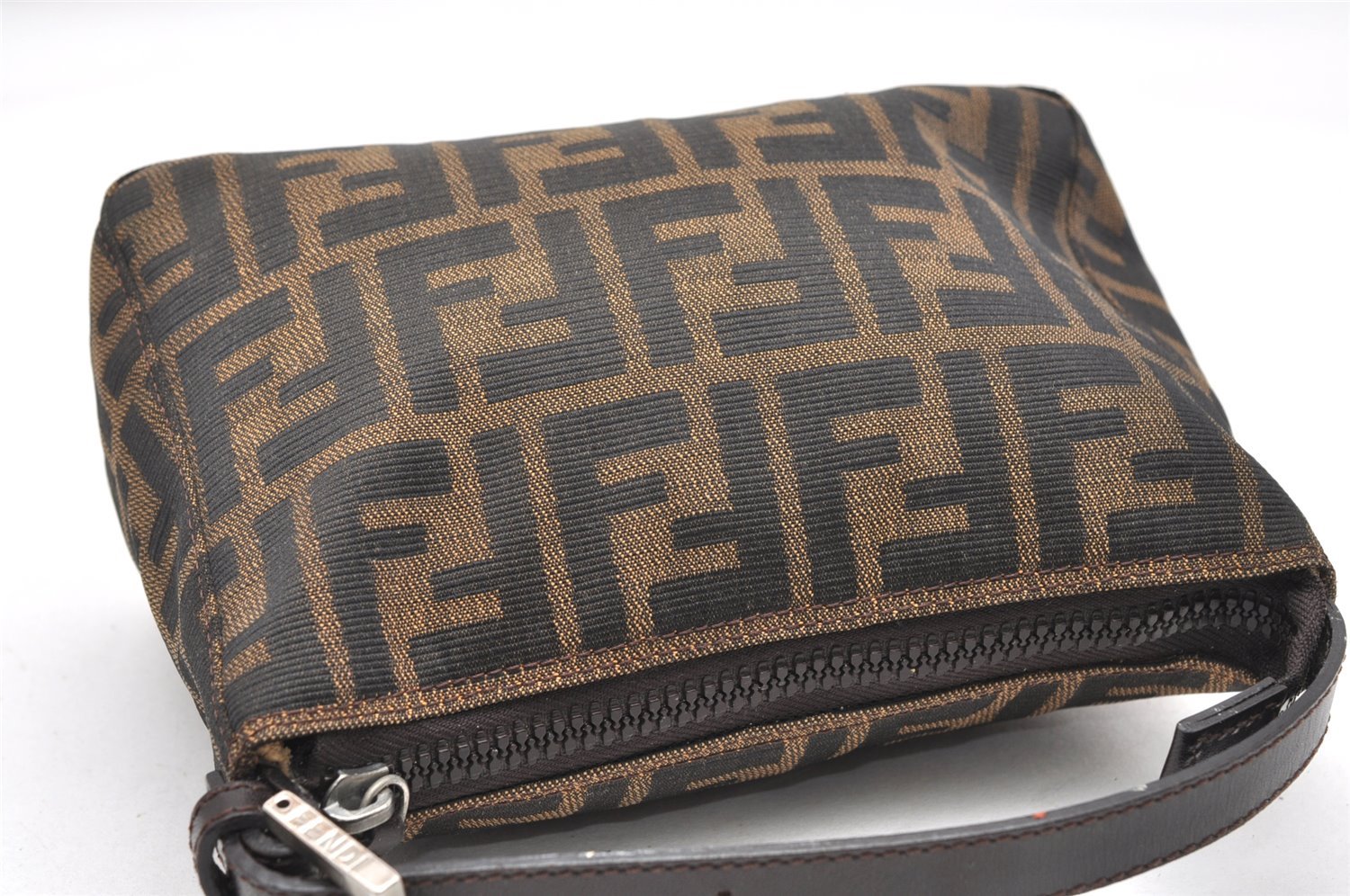 Authentic FENDI Zucca Hand Bag Pouch Purse Canvas Leather Brown Junk 2699K