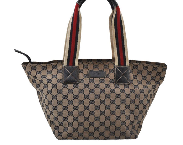 Authentic GUCCI Sherry Line Tote Bag GG Canvas Leather 131230 Navy Blue 2704J