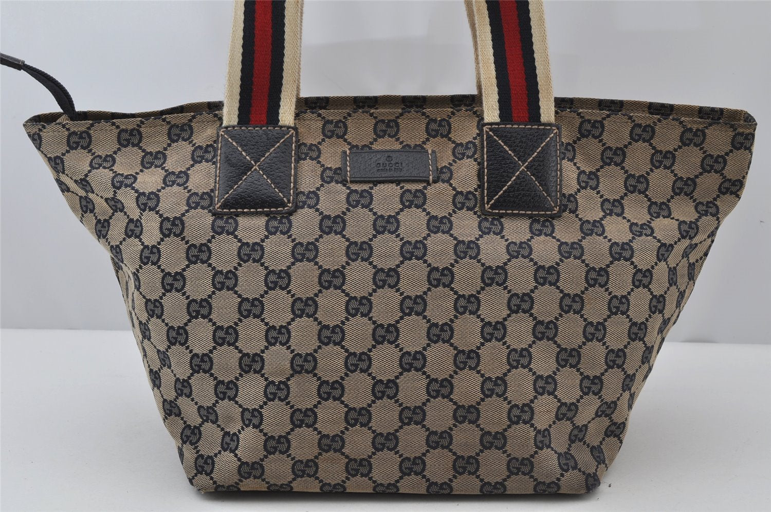Authentic GUCCI Sherry Line Tote Bag GG Canvas Leather 131230 Navy Blue 2704J