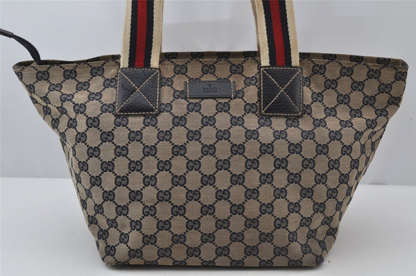 Authentic GUCCI Sherry Line Tote Bag GG Canvas Leather 131230 Navy Blue 2704J