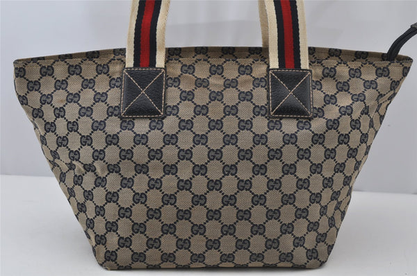 Authentic GUCCI Sherry Line Tote Bag GG Canvas Leather 131230 Navy Blue 2704J