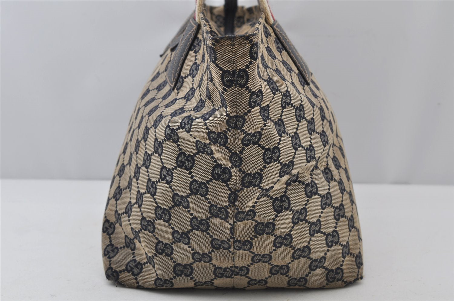 Authentic GUCCI Sherry Line Tote Bag GG Canvas Leather 131230 Navy Blue 2704J