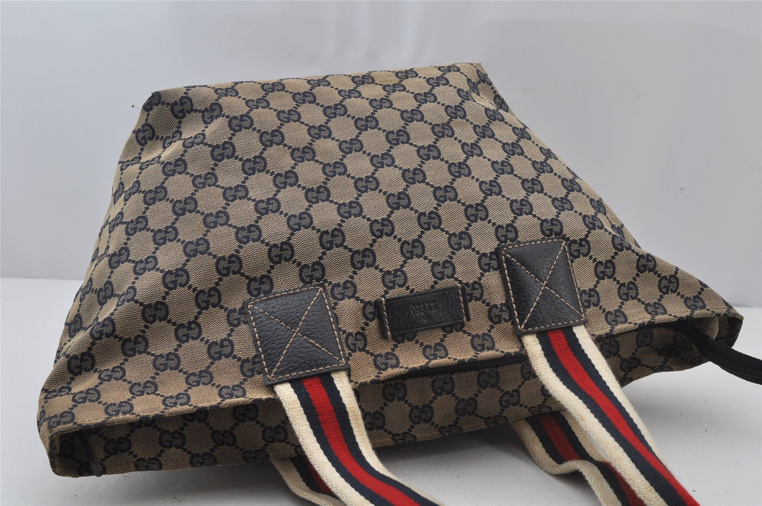 Authentic GUCCI Sherry Line Tote Bag GG Canvas Leather 131230 Navy Blue 2704J