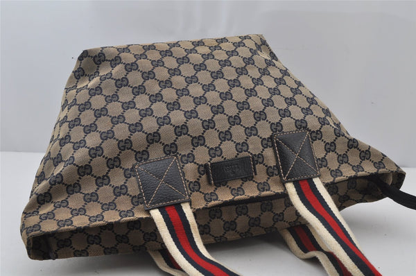 Authentic GUCCI Sherry Line Tote Bag GG Canvas Leather 131230 Navy Blue 2704J