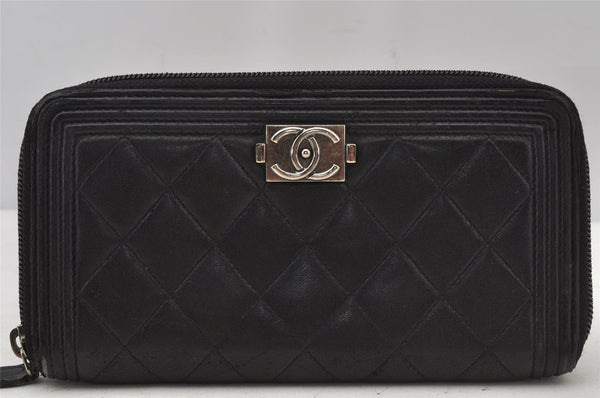 Authentic CHANEL BOY CHANEL Lamb Skin Matelasse Long Wallet Purse Black 2705J