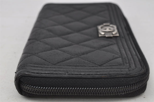 Authentic CHANEL BOY CHANEL Lamb Skin Matelasse Long Wallet Purse Black 2705J