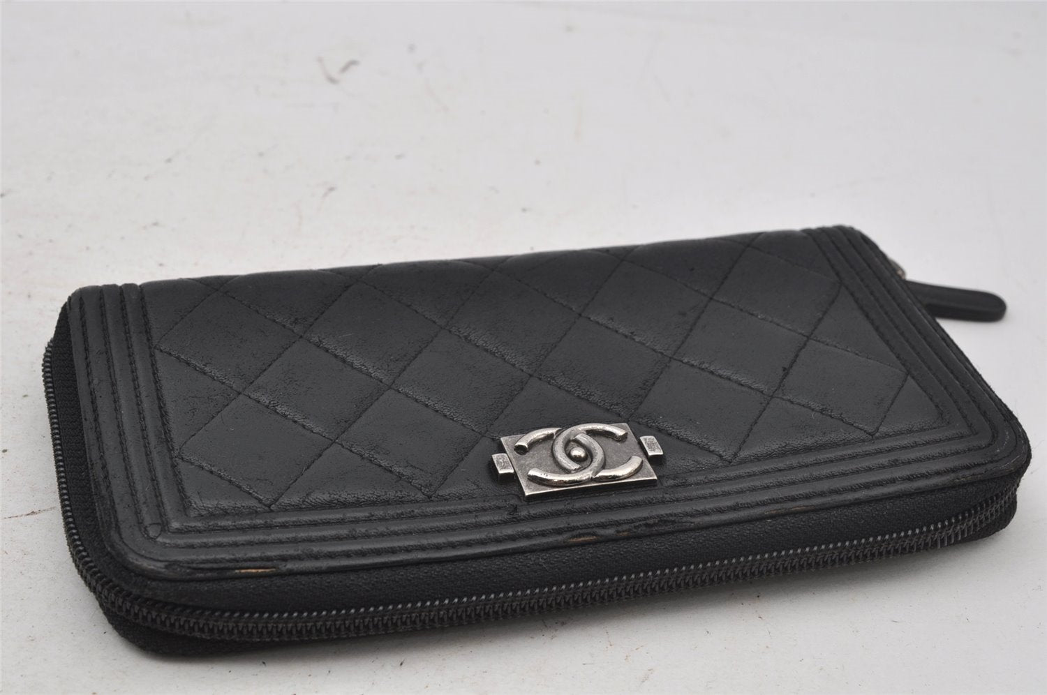 Authentic CHANEL BOY CHANEL Lamb Skin Matelasse Long Wallet Purse Black 2705J