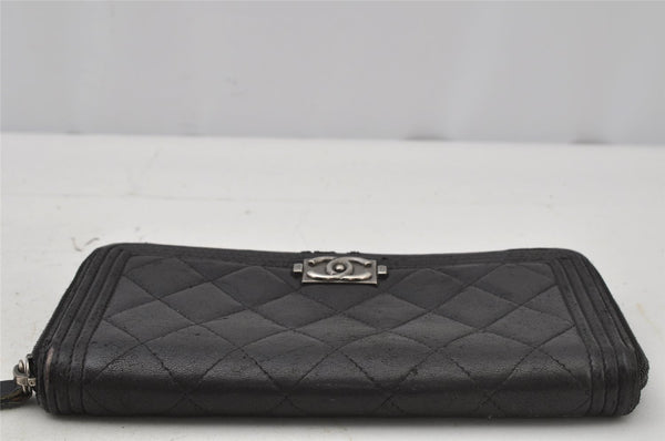 Authentic CHANEL BOY CHANEL Lamb Skin Matelasse Long Wallet Purse Black 2705J