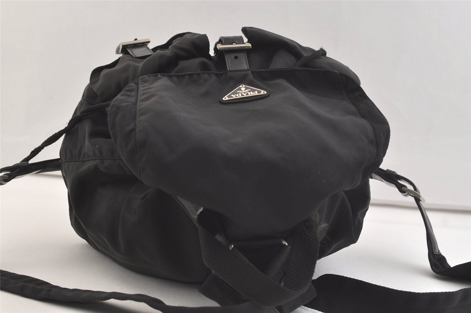 Authentic PRADA Vela Nylon Tessuto Leather Drawstring Backpack B2811 Black 2705K