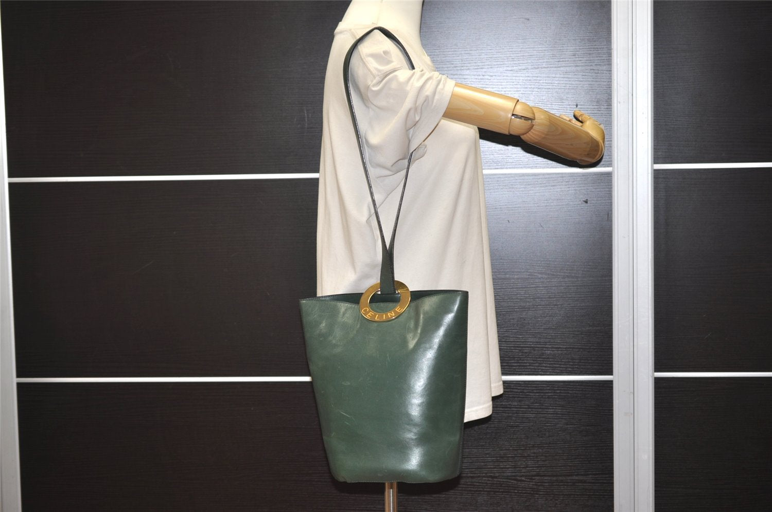 Authentic CELINE Vintage Shoulder Bag Purse Leather Green 2707J