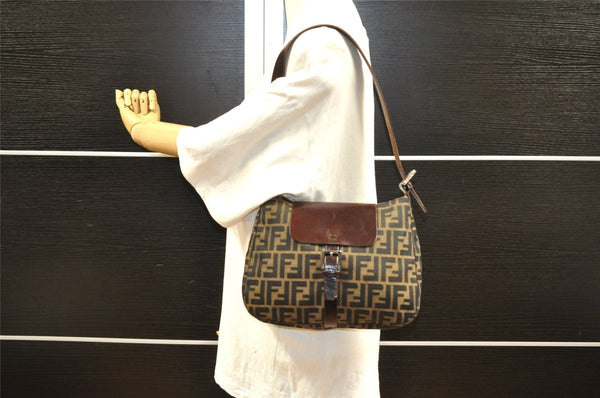 Authentic FENDI Zucca Vintage Shoulder Bag Purse Canvas Leather Brown 2709I