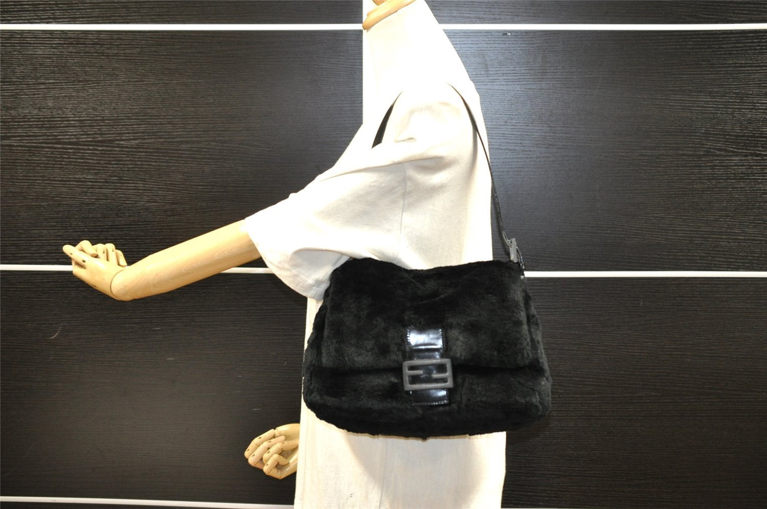 Authentic FENDI Mamma Baguette Shoulder Hand Bag Unborn Calf Leather Black 2710I