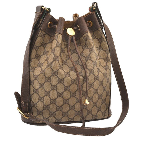 Authentic GUCCI Web Sherry Line Drawstring Bag GG PVC Leather Brown Junk 2712J