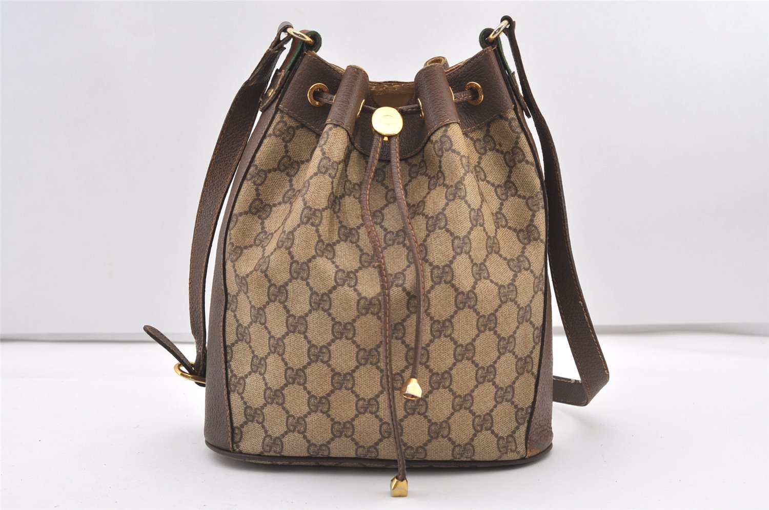 Authentic GUCCI Web Sherry Line Drawstring Bag GG PVC Leather Brown Junk 2712J