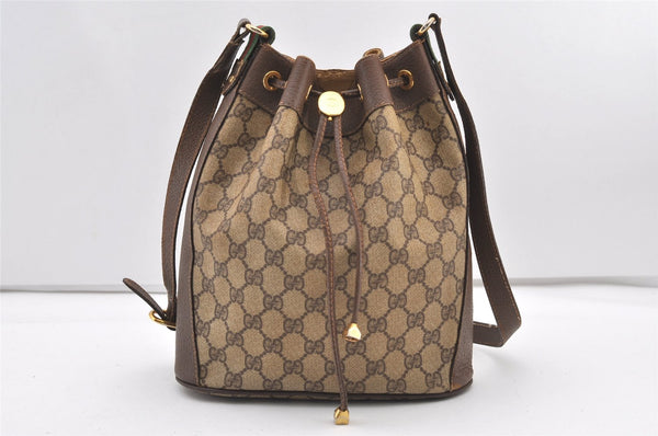 Authentic GUCCI Web Sherry Line Drawstring Bag GG PVC Leather Brown Junk 2712J
