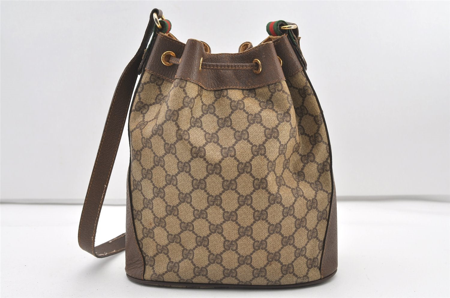 Authentic GUCCI Web Sherry Line Drawstring Bag GG PVC Leather Brown Junk 2712J