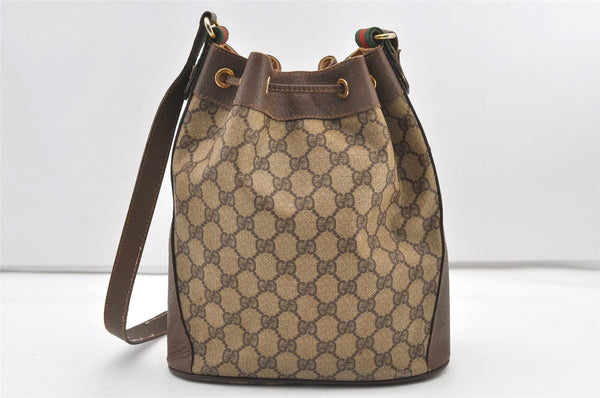 Authentic GUCCI Web Sherry Line Drawstring Bag GG PVC Leather Brown Junk 2712J