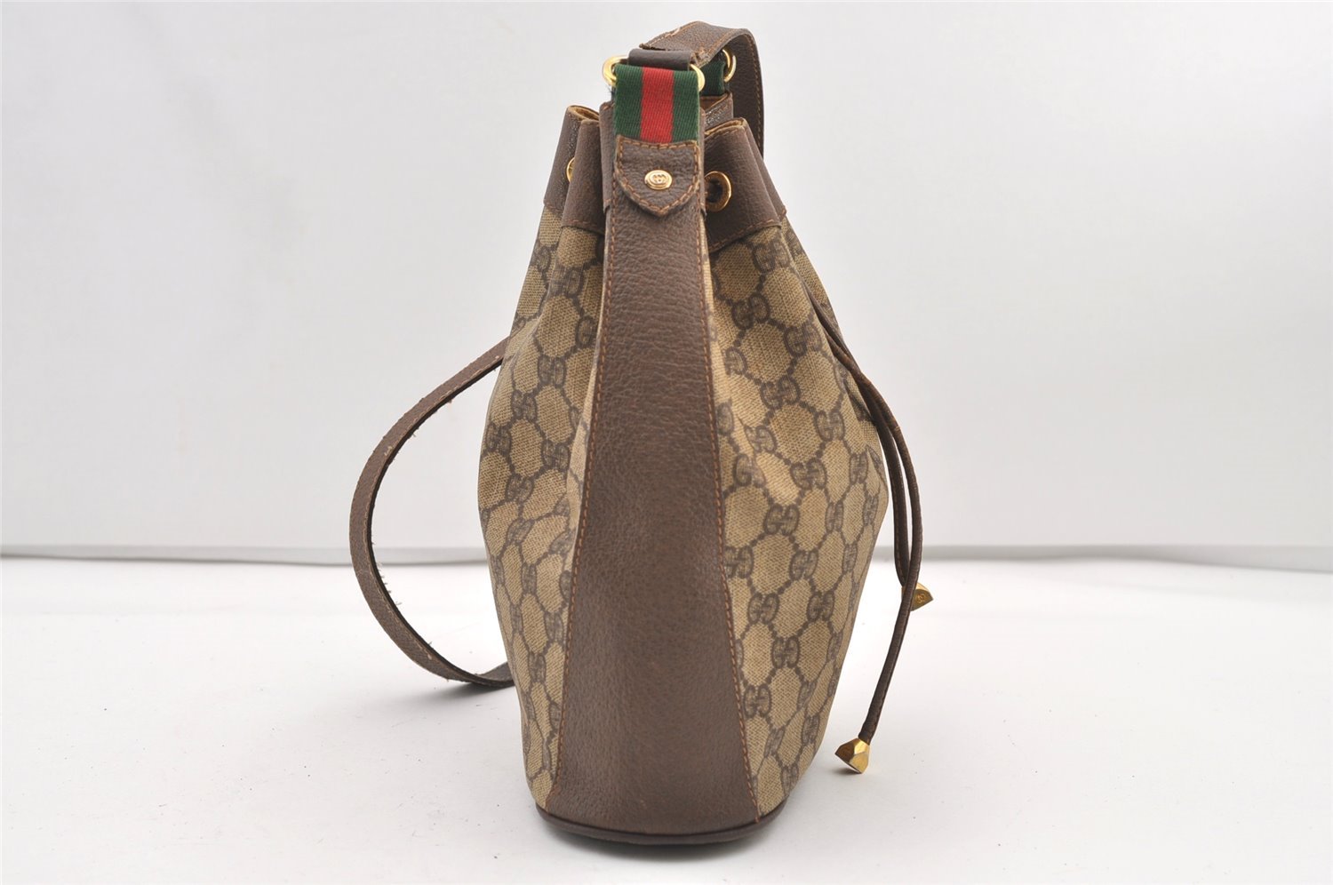 Authentic GUCCI Web Sherry Line Drawstring Bag GG PVC Leather Brown Junk 2712J